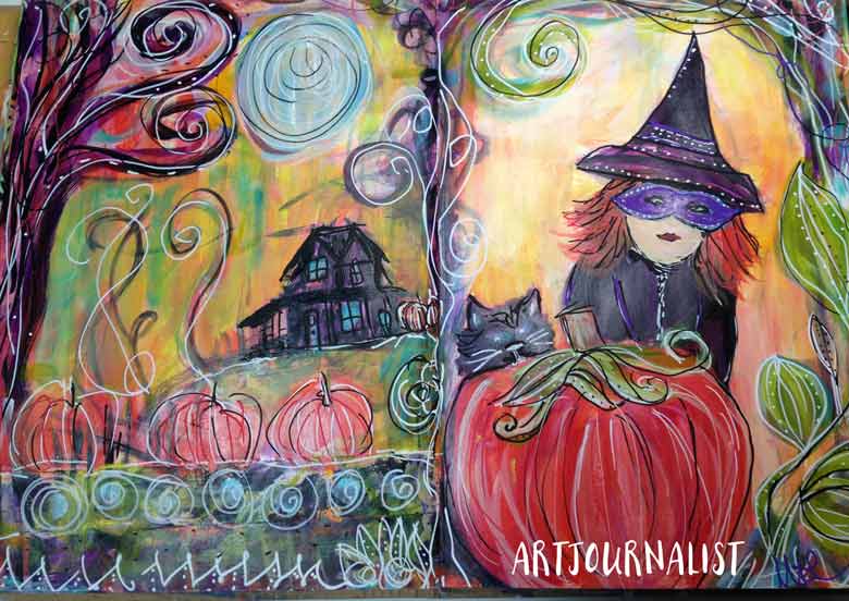 halloween witch mixed media painting